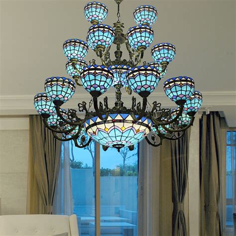 Tiffany Style Blue Chandelier 13/26 Lights Floral and Domed Ceiling ...