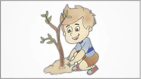 How to draw a cute Kid boy planting a tree step by step - YouTube