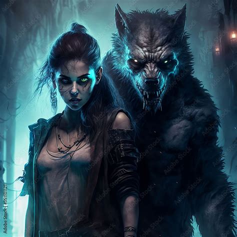 Ilustrace „werewolf and a woman in magical forest digital art“ ze ...