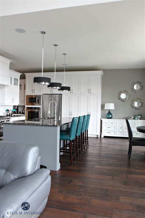 Open layout white kitch with gray painted island, teal accents. Sherwin ...