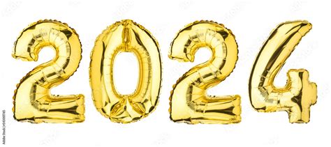New Year 2024 celebration. Helium balloon. Golden Yellow foil color. Numbers Two 2, four 4, Zero ...