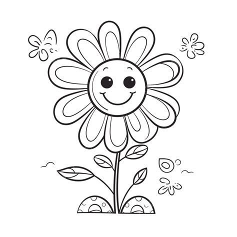Cute Flower Coloring Page With A Happy Smile Outline Sketch Drawing Vector, Flower Drawing, Wing ...