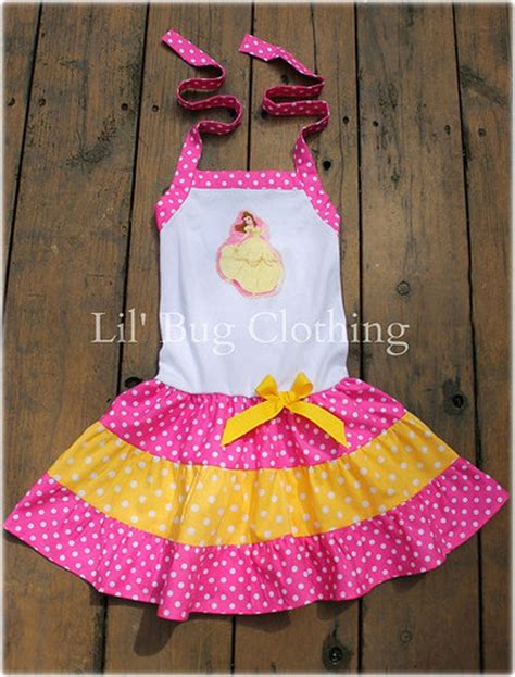 Items similar to Custom Boutique Princess Belle Yellow Pink Dots Disney Tiered Halter Summer ...