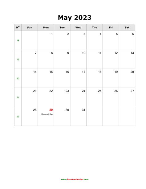 Download May 2023 Blank Calendar with US Holidays (vertical)