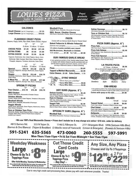 Louie's Pizza menu in Colorado Springs, Colorado, USA