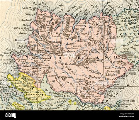 Old map of Sutherland County from original geography textbook, 1884 Stock Photo - Alamy