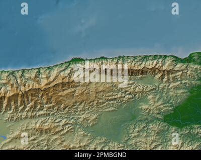 Vargas, state of Venezuela. Colored elevation map with lakes and rivers. Corner auxiliary ...