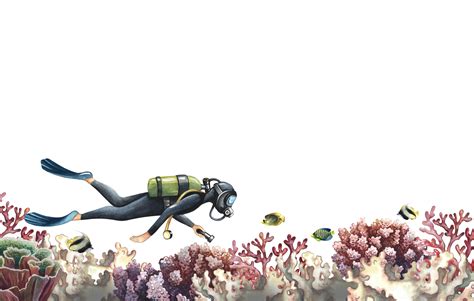 A banner with a diver floating underwater. Curb with an underwater trip. Hand-drawn watercolor ...