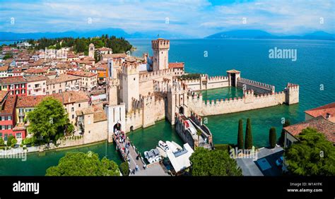 Scaligero Castle aerial panoramic view. Scaligero Castle is a fortress ...