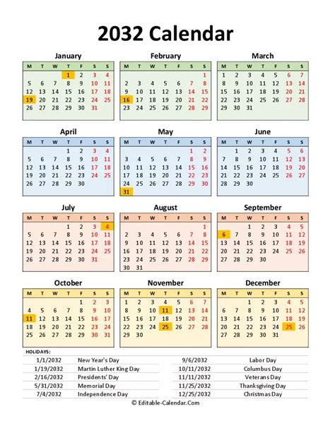 Download Editable 2032 Calendar With Us Holidays Portrait, weeks start ...