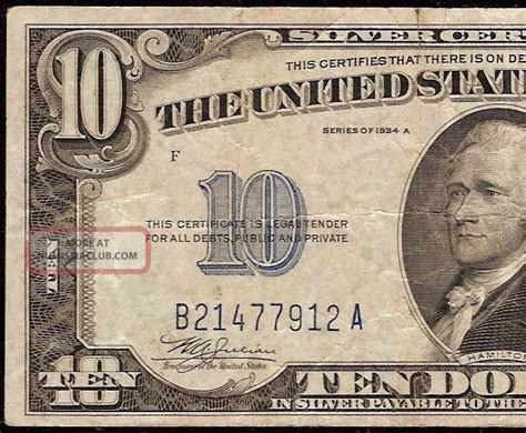 1934 $10 Dollar Bill Silver Certificate Blue Seal Note Old Paper Money ...