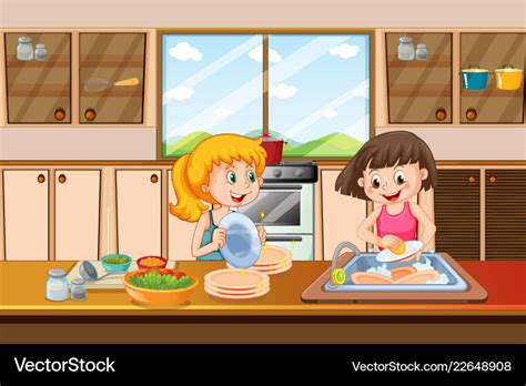 Girls cleaning dish in kitchen Royalty Free Vector Image