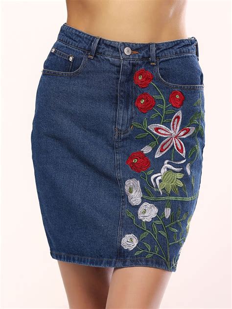 Refreshing Floral Embroidery Denim Skirt For Women, BLUE, L in Skirts | DressLily.com