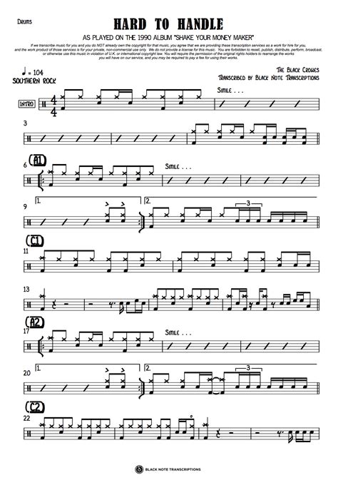 Hard To Handle – The Black Crowes (DRUMS) - Black Note Transcriptions