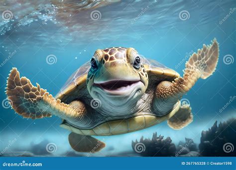 Realistic Smiling Sea Turtle Swimming in Blue Water with Sun Rays Close-up. Stock Illustration ...