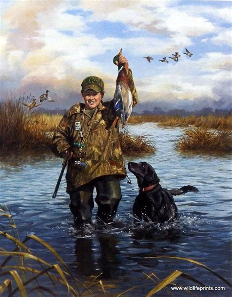 A young hunter used his duck call to find the duck, his gun to hunt the duck and his dog to find ...