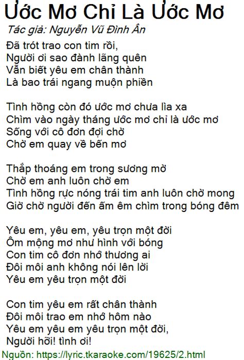 Loi bai hat Uoc Mo Chi La Uoc Mo (Nguyen Vu Dinh An) [co nhac nghe]