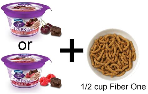 Dannon Light & Fit Greek Yogurt + 1/2 C. Fiber One cereal ~ Protein = 14 grams; Calories = 140 ...