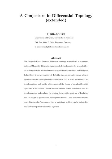 (PDF) A Conjecture in Differential Topology (extended)