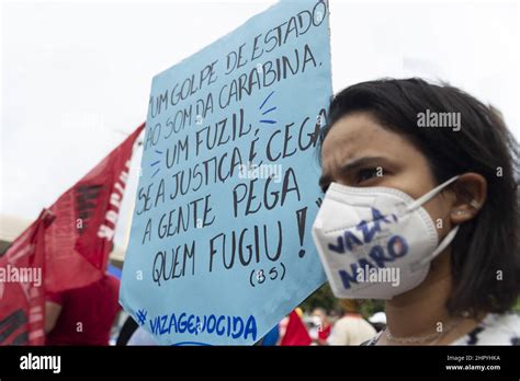 Brazilian in a mask with a poster protests against President Jair ...