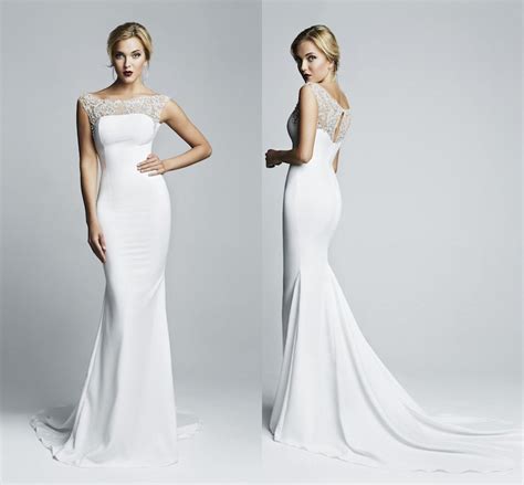 Simple Elegant 2014 Mermaid Wedding Dresses Sheer Lace Scoop And Back Sweep Train Bridal Gowns ...