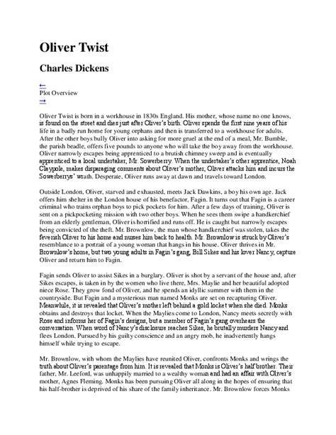 (DOC) Plot Summary of Oliver Twist by Charles Dickens