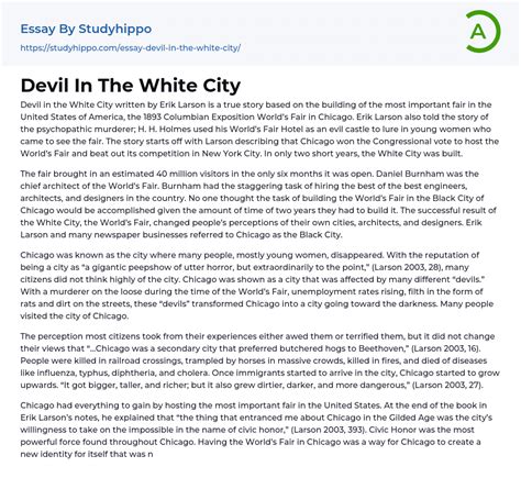 Devil In The White City Essay Example | StudyHippo.com