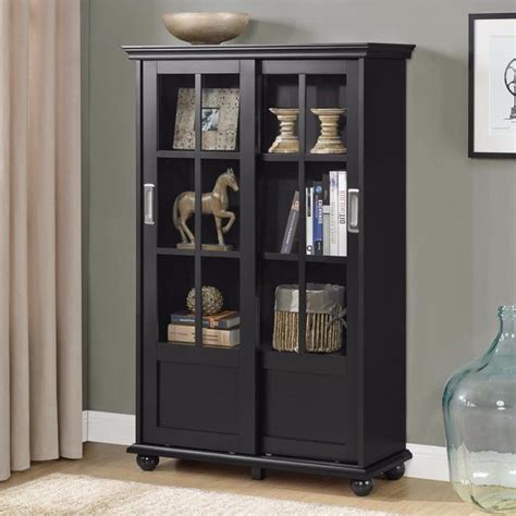 Glass Display Cabinet Bookshelf w/ Sliding Glass Doors- Black