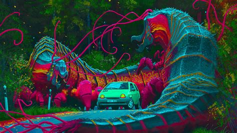 Simon Stalenhag And Green Car HD Trippy Wallpapers | HD Wallpapers | ID #56334