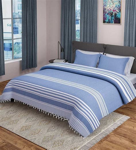 Buy Blue Geometric 500 TC Microfibre Double Bed Cover with 2 Pillow ...