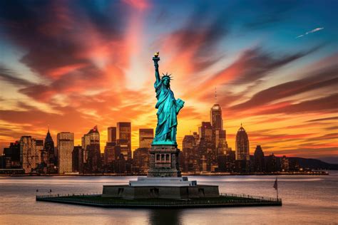 Statue of Liberty and New York City Manhattan skyline at sunset, USA ...