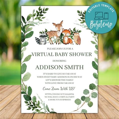 Printable Woodland Virtual Baby Shower Invitation Template DIY | Bobotemp