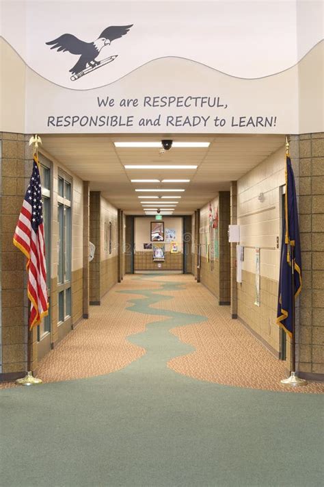 Elementary School Hallway with Exit Doors Stock Photo - Image of exit ...