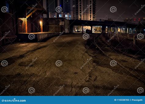 Industrial Vintage Warehouse Alley Dock at Night. Stock Image - Image of industrial, downtown ...