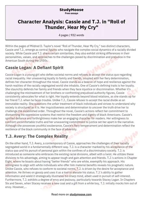 Character Analysis: Cassie and T.J. in "Roll of Thunder, Hear My Cry" Free Essay Example