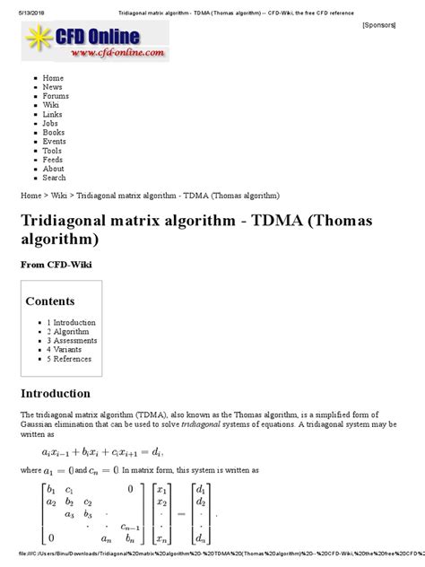 Tridiagonal Matrix Algorithm - TDMA (Thomas Algorithm) - CFD-Wiki, The Free CFD Reference | PDF ...