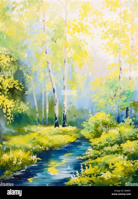 oil painting of autumn forest with river Stock Photo - Alamy