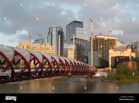 Construction cranes and office under construction in downtown Calgary, Peace bridge in ...