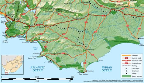 Topographic map of the Overberg region of South Africa (the southernmost part of the African ...