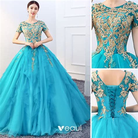 Traditional Jade Green Prom Dresses 2019 Ball Gown Scoop Neck Beading Lace Flower Short Sleeve ...