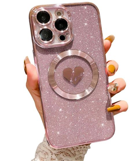 Pink iphone 15 pro max 6 7 inch case with magsafe plating heart glitter magnetic case for women ...