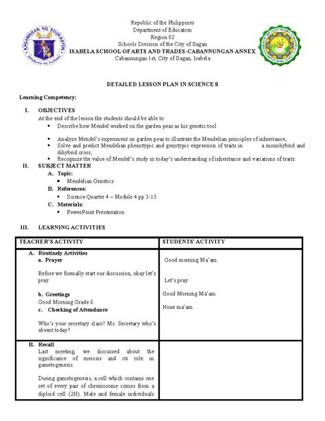 Detailed Lesson PLAN ( Mendelian Genetics) - Republic of the ...