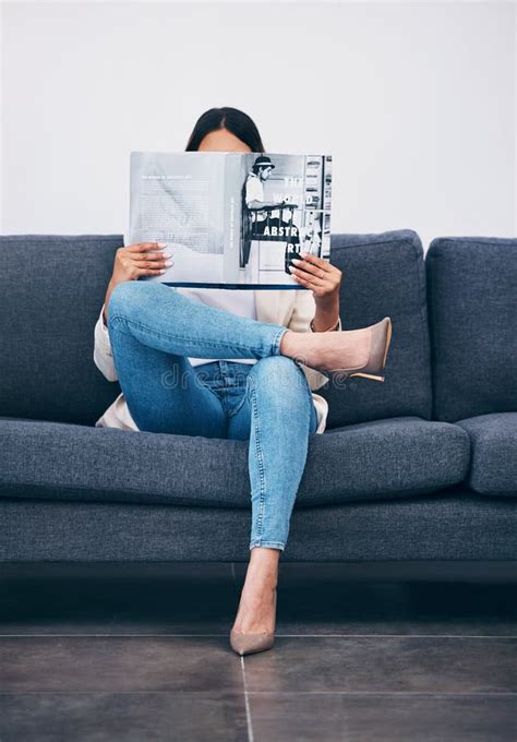 Relax, Magazine or Girl Reading Newspaper Articles on Sofa at Home for Information or Story ...