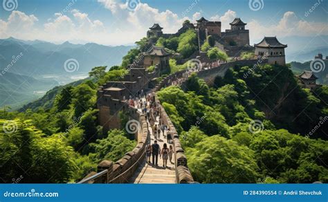 Aerial View of Tourists at Majestic Great Wall of China in a Beautiful Summer Day. Generative AI ...
