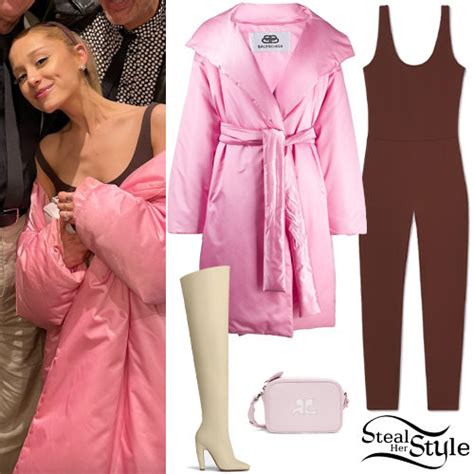 Ariana Grande: Pink Coat, Brown Unitard - Fashnfly