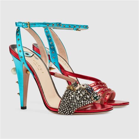 Gucci Embellished Ankle Strap Metallic Leather Sandals | Women shoes ...