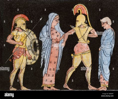 Capture of Helen by Paris, causing the Trojan War, according to Homer. Hand-colored woodcut ...