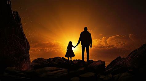 Father and young daughter shadows on boulder. silhouette concept ...