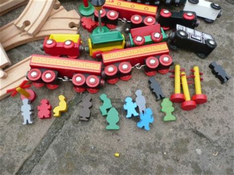 Vintage Brio wooden train set with trains, buildings, lights, trees and ...