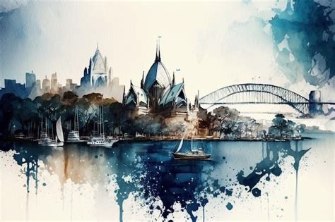 Premium Photo | A watercolor painting of sydney harbour with a bridge ...